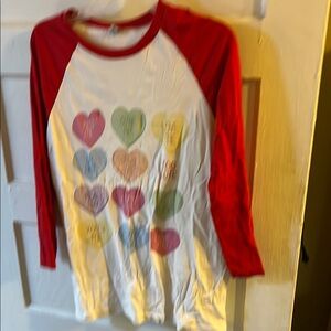 Red and White Long Sleeve Heart Pattern Tee